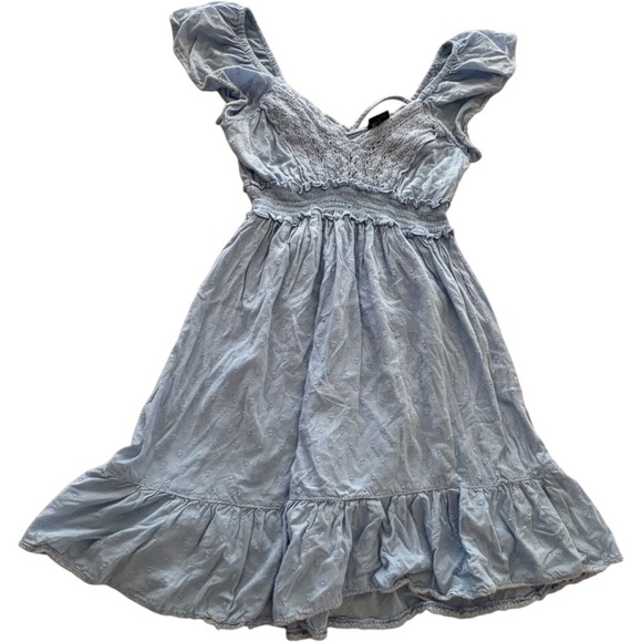 Angie Dresses & Skirts - Y2K Angie Mini Dress Womens M Blue Swiss Dot Smocked Waist Lace Trim Boho Whimsy